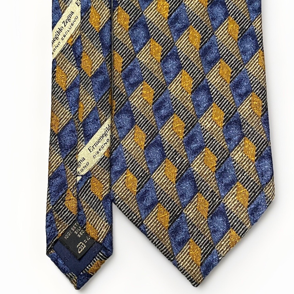 Ermenegildo Zegna Tie Blue Yellow Gold Silk Geometric‎ Diamond Italy 57"